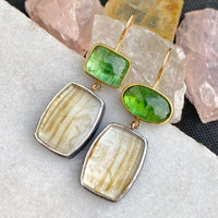Apple Green Tourmaline and Montana Agate Earrings with Antique Chinese Mother of Pearl Gaming Token